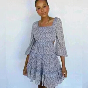 Ditsy Floral Long Sleeve Cut Outs Blue Orange Dress Ruffles Size Small